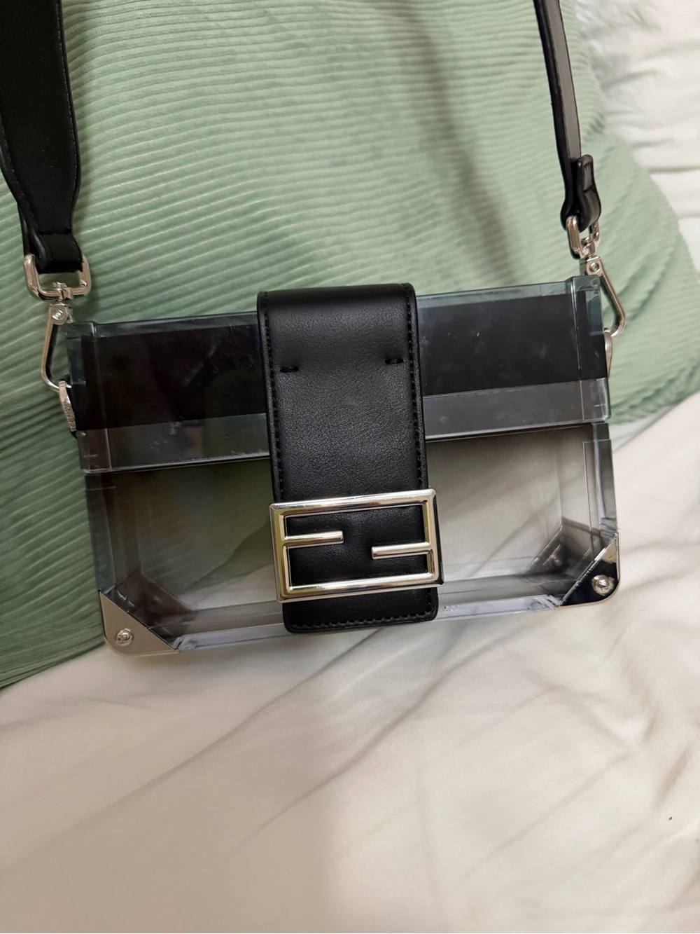 Clear Acrylic Shoulder Bag with Black Leather Trim